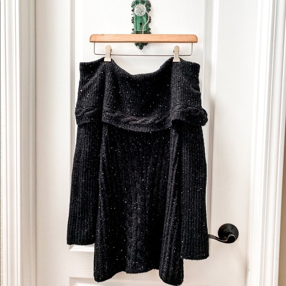Anthropologie Sweaters - Moth By Anthropologie Black Off the Shoulder Sequin Sweater Size Large